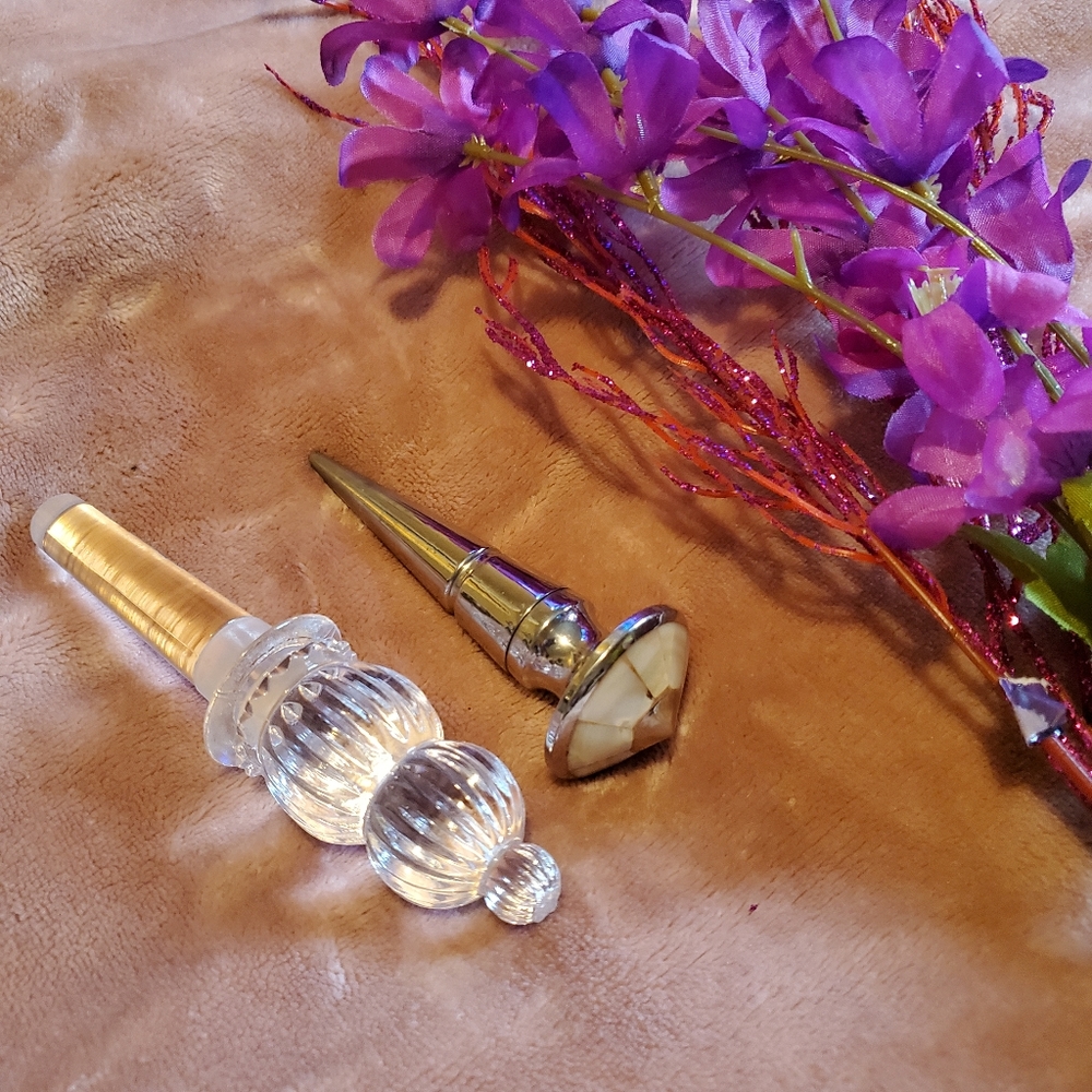 Two Elegant Glass & Silver Wine Bottle Toppers